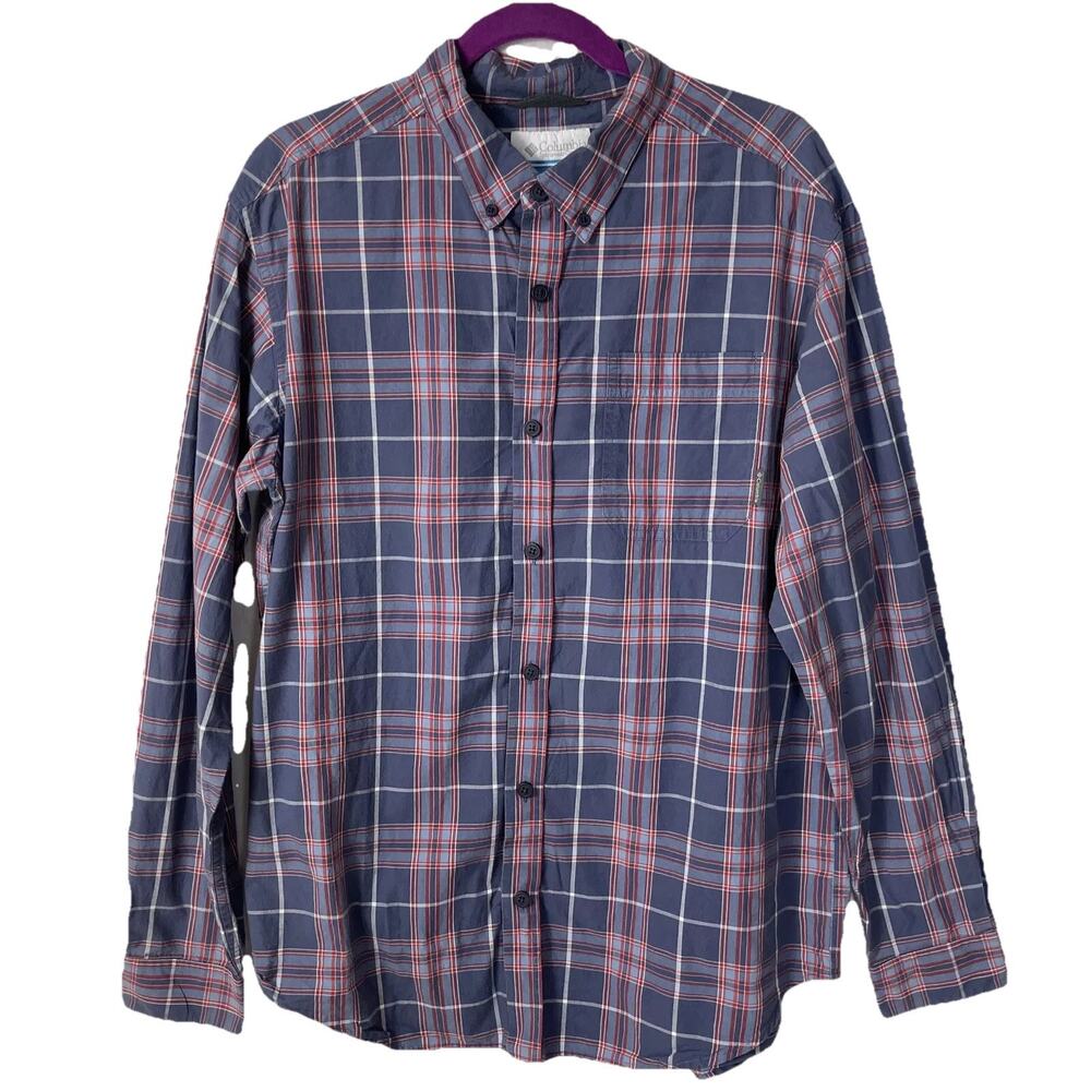 Columbia Long Sleeve Button Down Cotton Plaid Red Blue Gray Size L